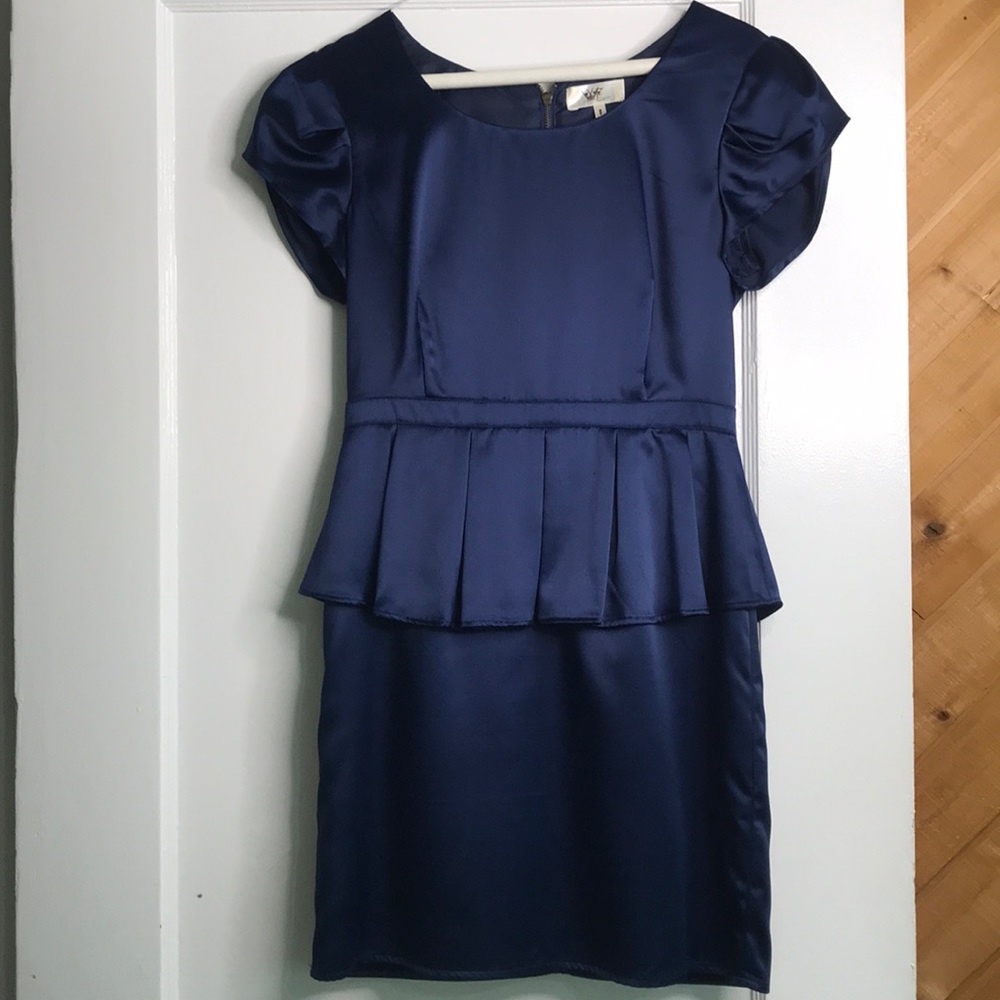 Navy Satin Peplum Dress